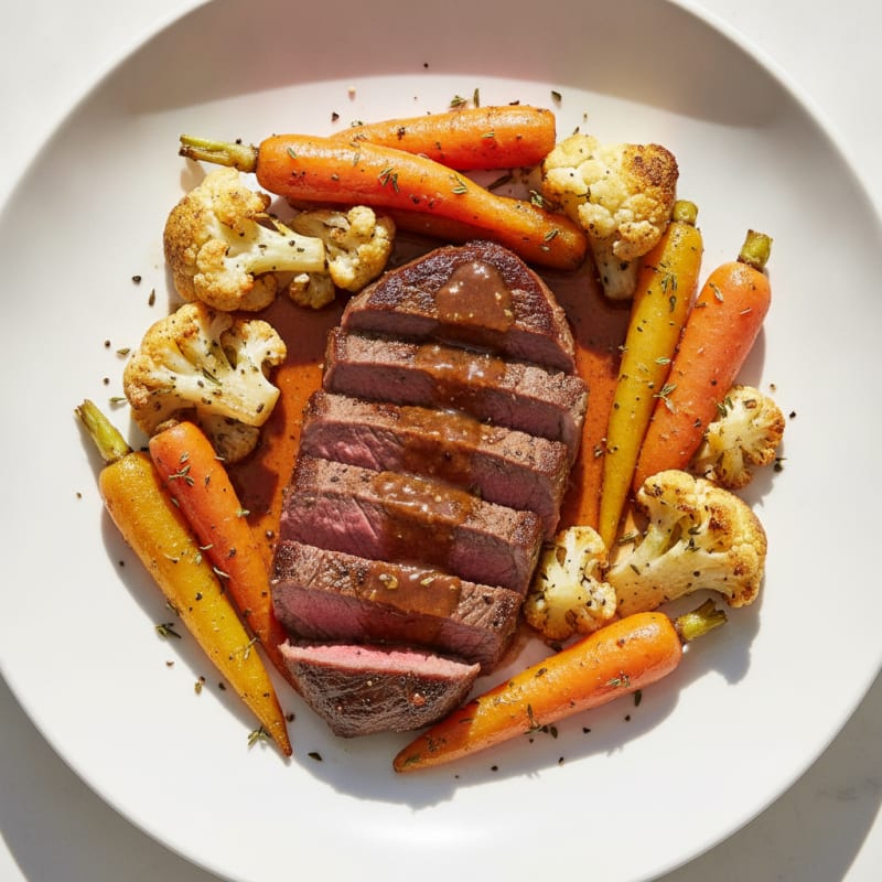 Pan-Seared Steak with Roasted Cauliflower and Carrots