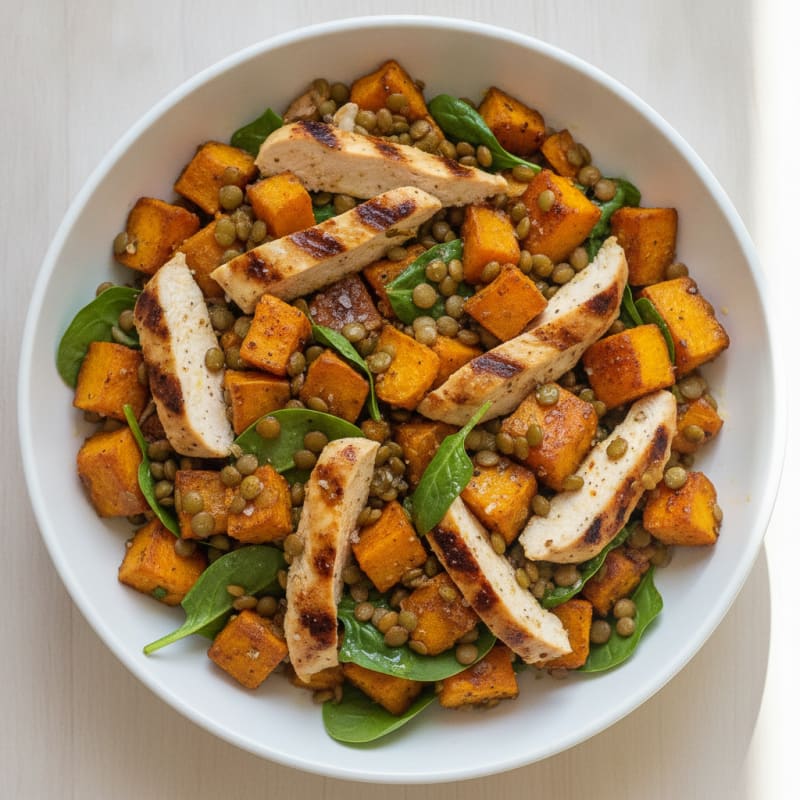 Roasted Sweet Potato and Butternut Lentil Bowl