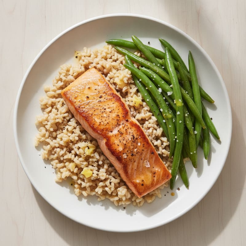 Seared Salmon with Steamed Green Beans and Brown Rice