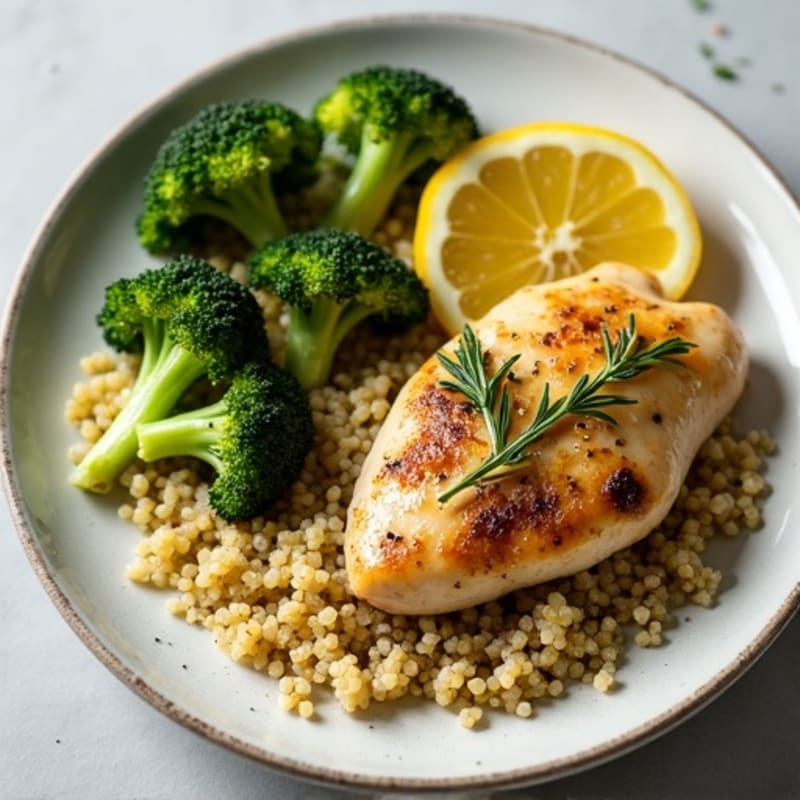 Lemon Herb Roasted Chicken with Crispy Broccoli and Fluffy Quinoa