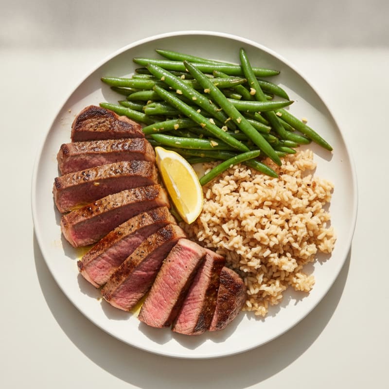 Seared Sirloin Steak with Garlic Green Beans and Brown Rice