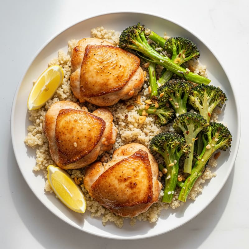 Seared Chicken Thighs with Roasted Broccoli and Quinoa