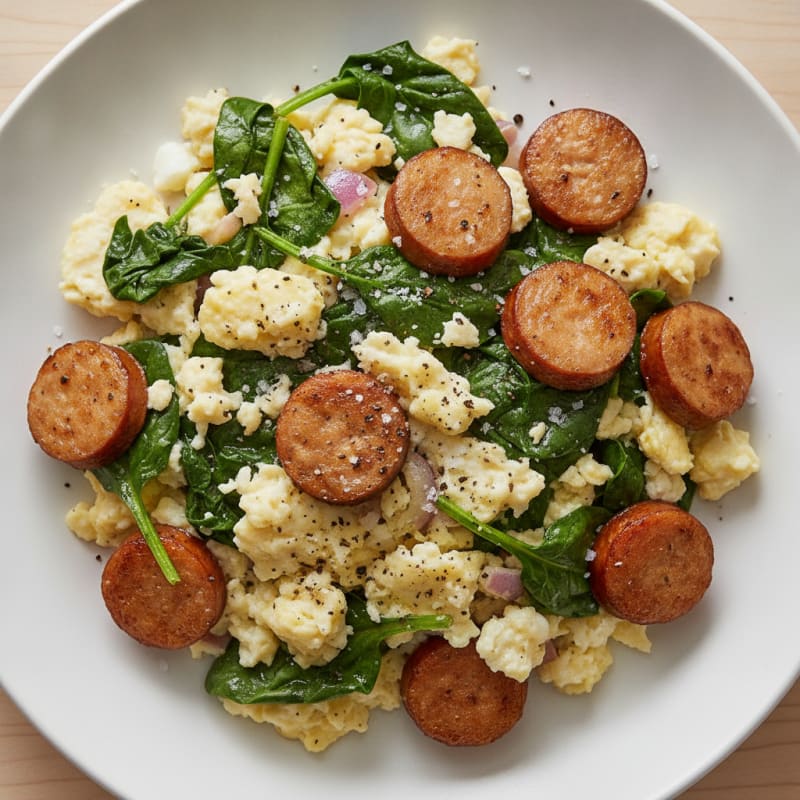 Egg White Scramble with Turkey Sausage and Sautéed Spinach