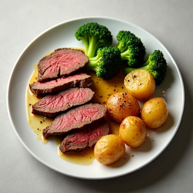 Roast Beef with Crispy Potatoes and Steamed Broccoli