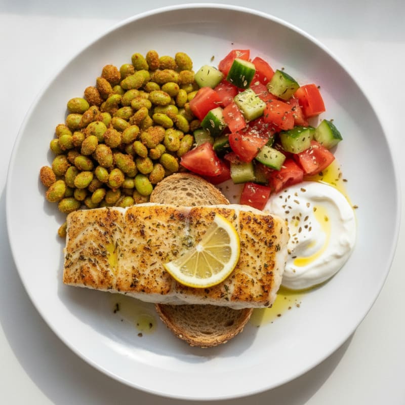 Herb-Seared Fish with Roasted Edamame and Tomato Cucumber Salad