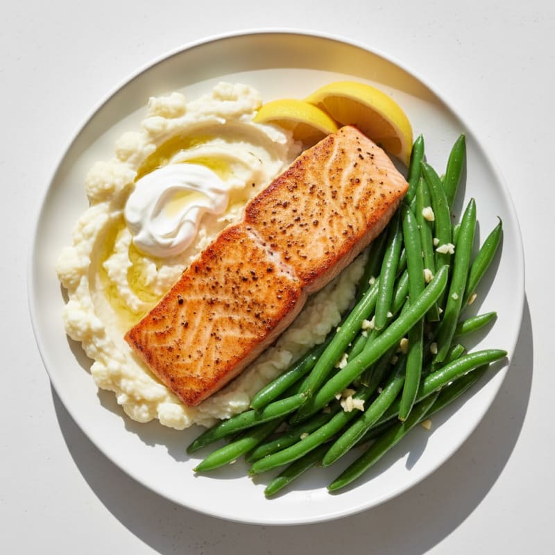 Seared Salmon with Steamed Green Beans and Mashed Cauliflower