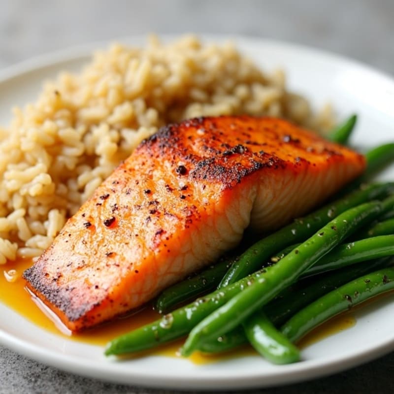 Seared Salmon with Garlic Green Beans and Brown Rice