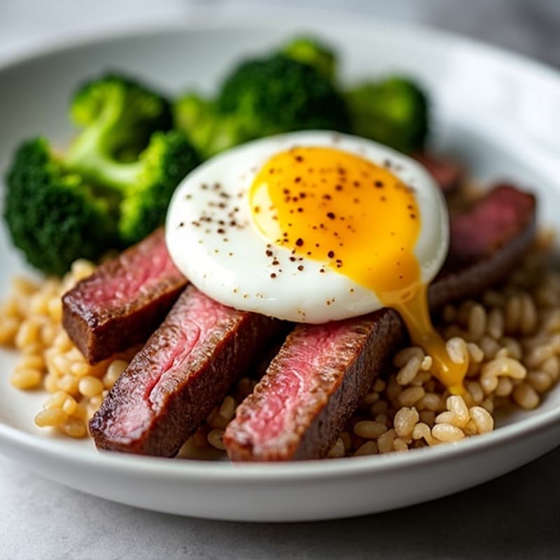 Seared Steak Strips with Brown Rice, Roasted Broccoli & Poached Egg
