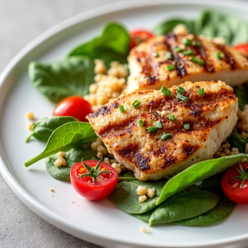 Grilled Chicken and Quinoa Salad with Spinach and Cherry Tomatoes
