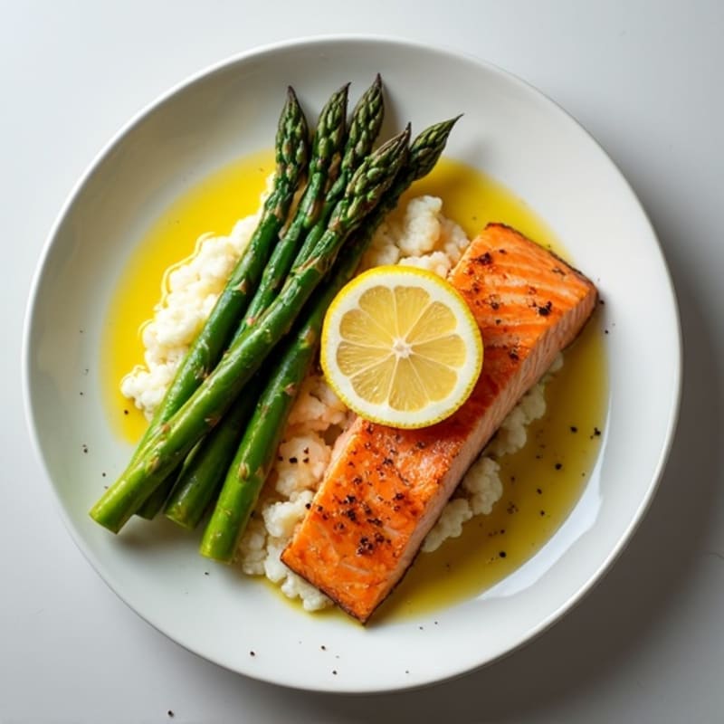 Seared Salmon with Steamed Asparagus and Cauliflower Mash