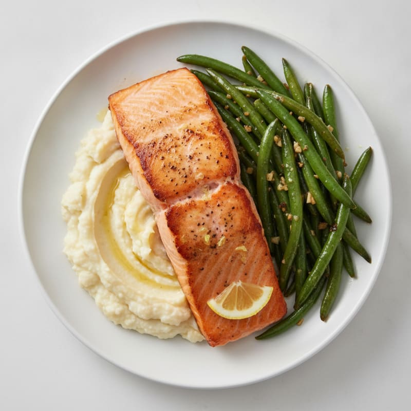 Seared Salmon with Garlic Green Beans and Mashed Cauliflower