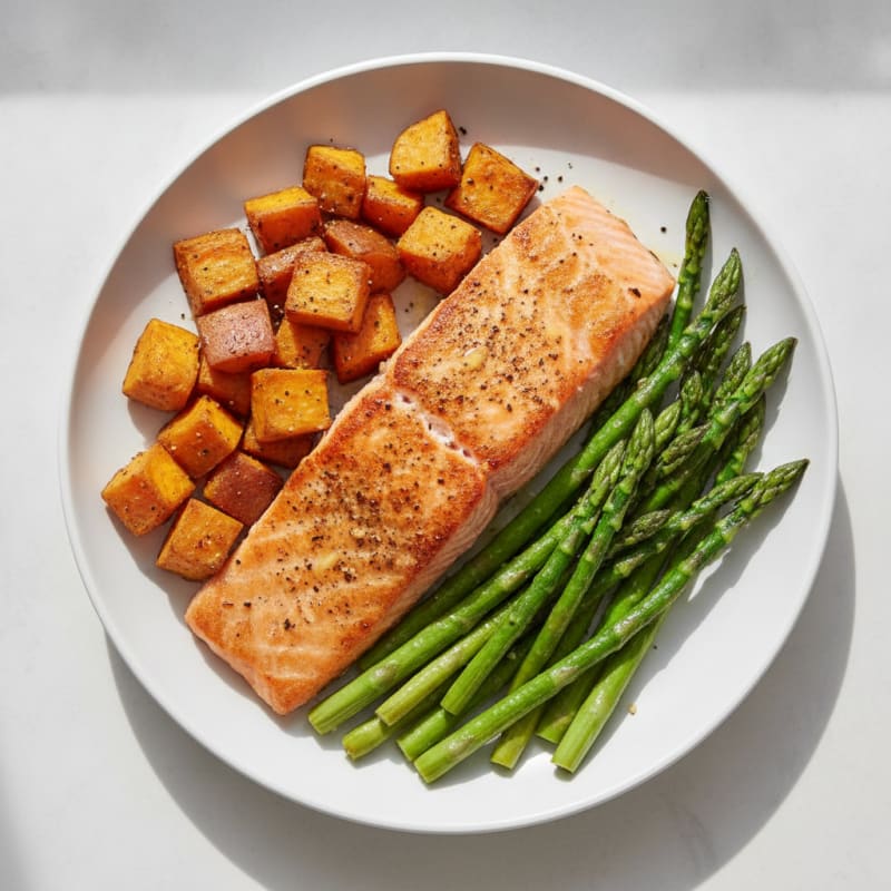Seared Salmon with Roasted Sweet Potato and Asparagus