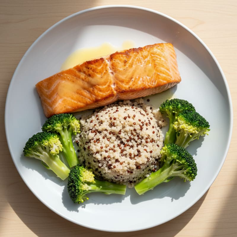 Seared Salmon Fillet with Steamed Broccoli and Quinoa