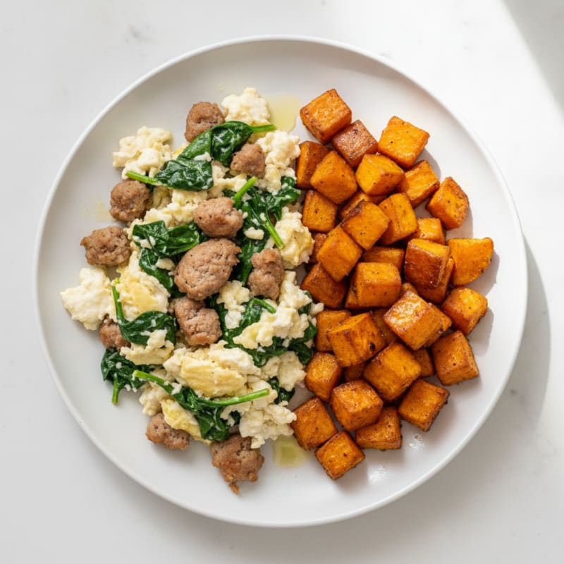 Egg White and Turkey Sausage Scramble with Spinach and Roasted Sweet Potatoes