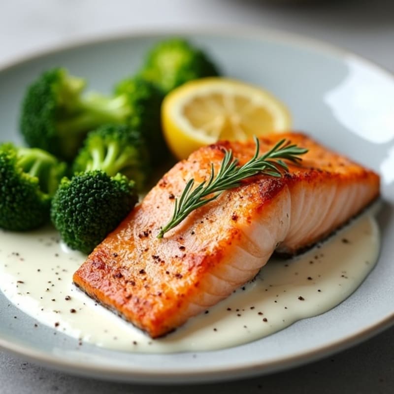 Seared Salmon Fillet with Steamed Broccoli and Lemon Yogurt Sauce