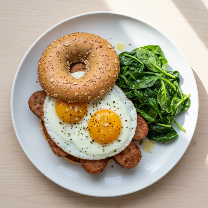 Pan-Seared Chicken Sausage with Fried Egg Bagel