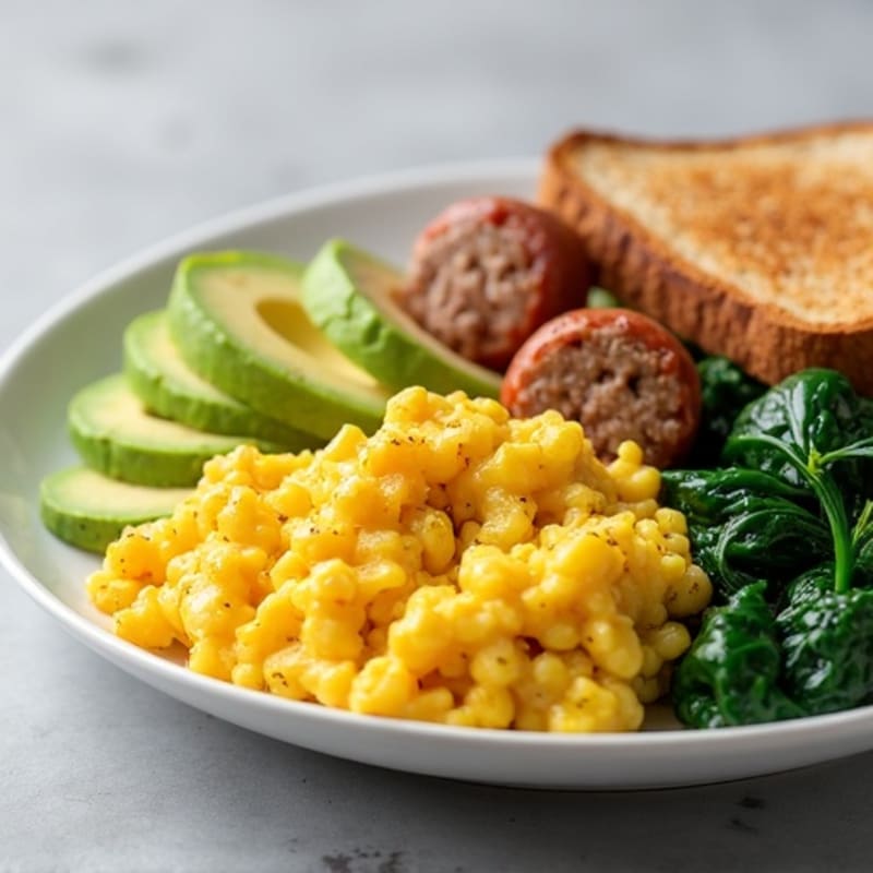 Scrambled Eggs with Turkey Sausage and Sautéed Spinach