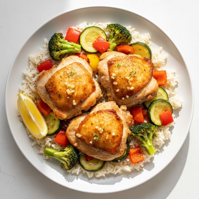 Seared Chicken Thighs with Roasted Mixed Vegetables and Jasmine Rice