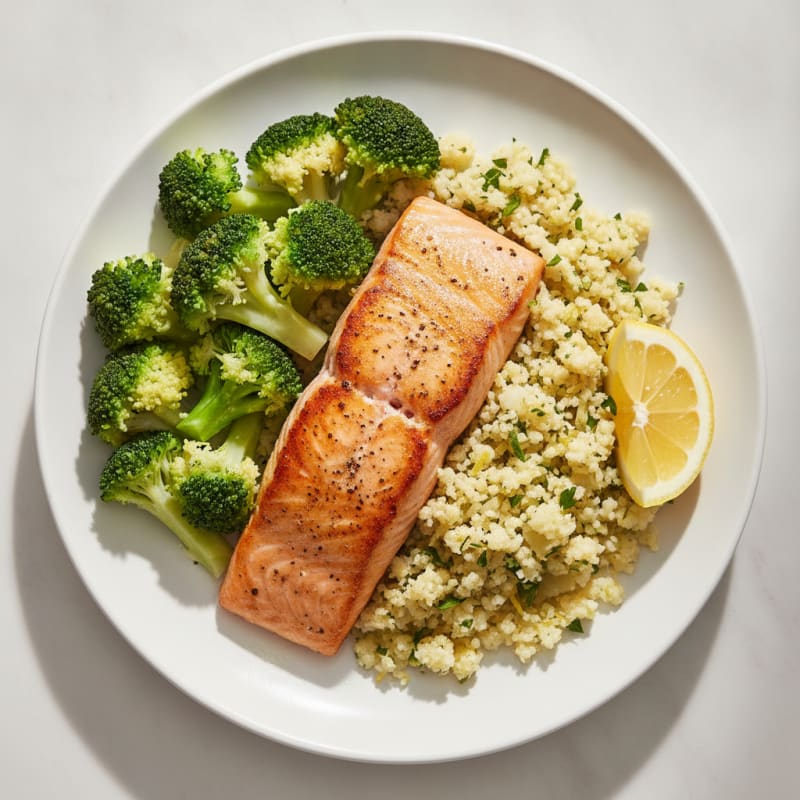 Seared Salmon with Steamed Broccoli and Lemon-Herb Cauliflower Rice