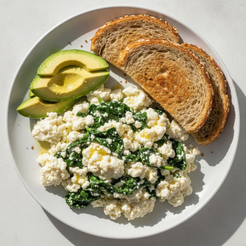 Egg White and Cottage Cheese Scramble with Sautéed Spinach