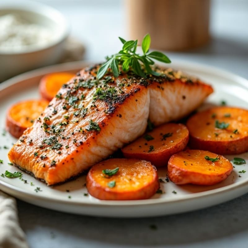 Herb-Crusted Pan Seared Salmon with Roasted Sweet Potatoes