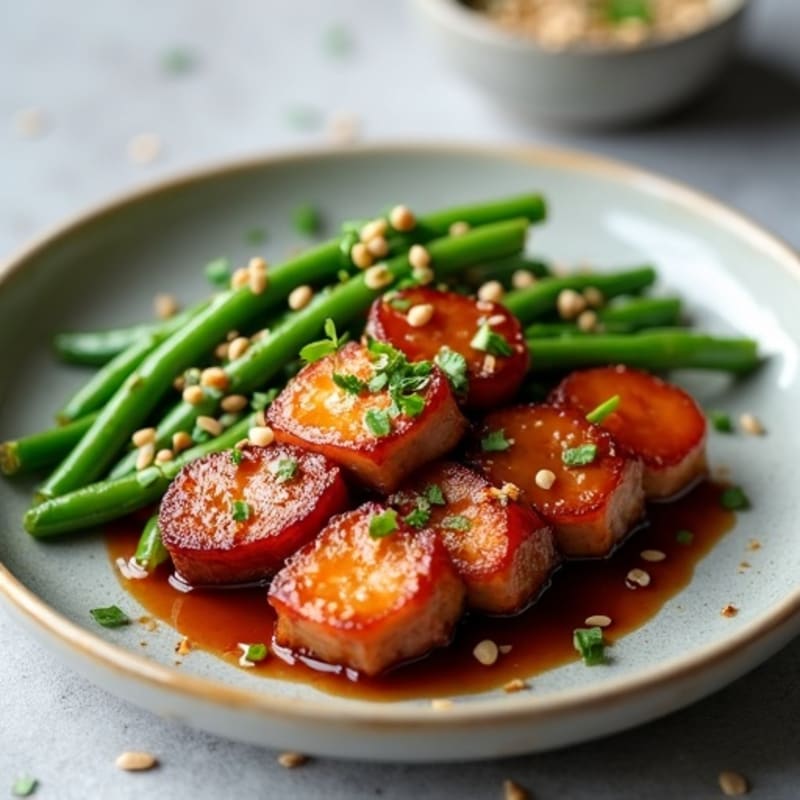 Crispy Asian-Glazed Pork Belly with Garlic Green Beans