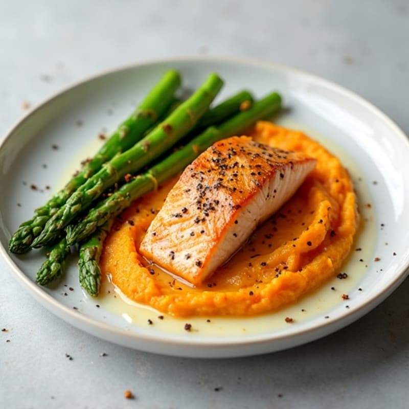 Seared Salmon with Steamed Asparagus and Garlic Mashed Sweet Potato