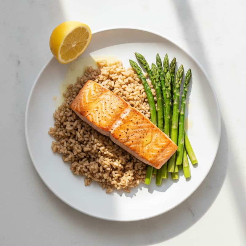 Seared Salmon with Steamed Asparagus and Brown Rice