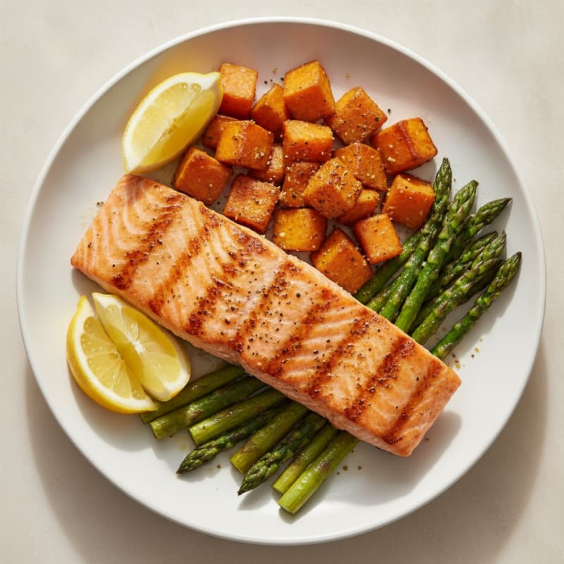 Seared Salmon with Roasted Sweet Potato and Asparagus
