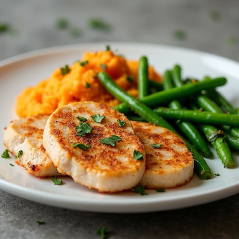 Seared Turkey Cutlets with Garlic Green Beans and Sweet Potato Mash