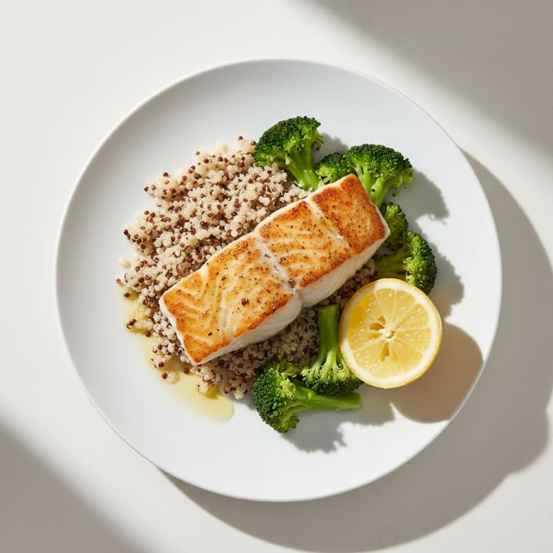 Seared White Fish with Steamed Broccoli and Quinoa