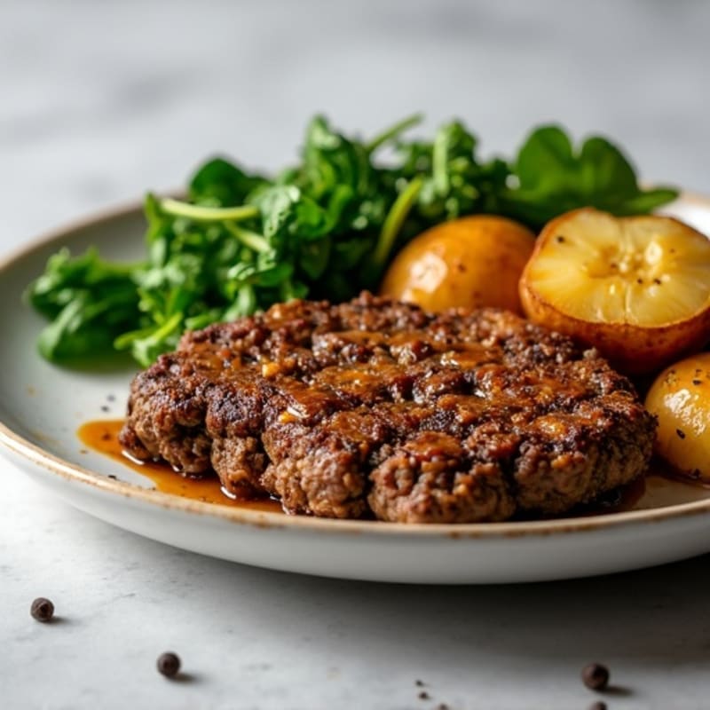 Lean Ground Beef and Crispy Roasted Potatoes with Sautéed Greens