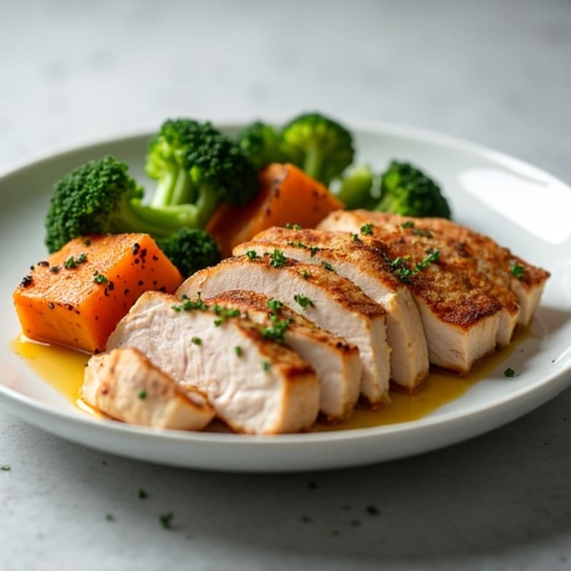 Seared Turkey Breast with Roasted Sweet Potatoes and Steamed Broccoli