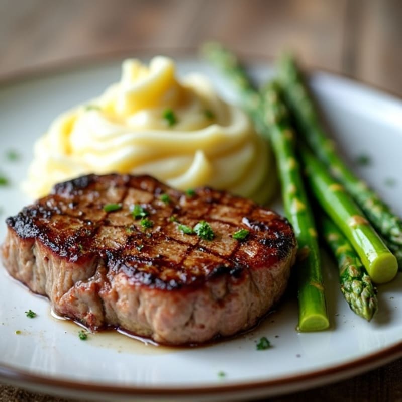 Pan-Seared Steak with Creamy Garlic Whipped Potatoes and Crispy Roasted Asparagus