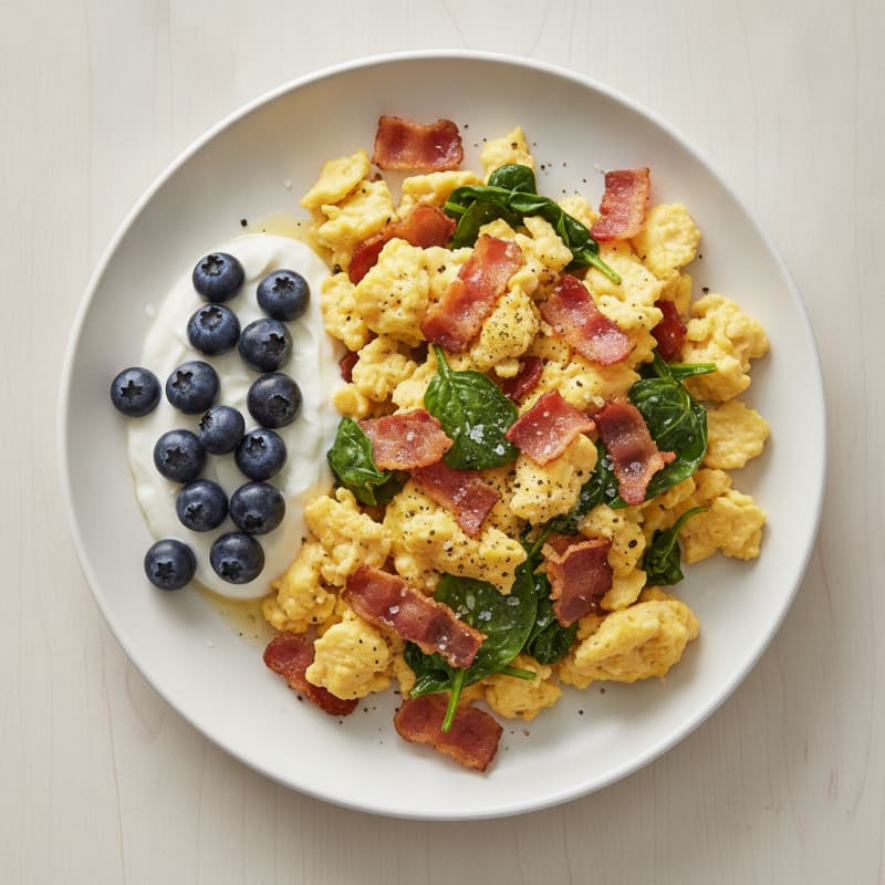Turkey Bacon and Egg Scramble with Berry Yogurt
