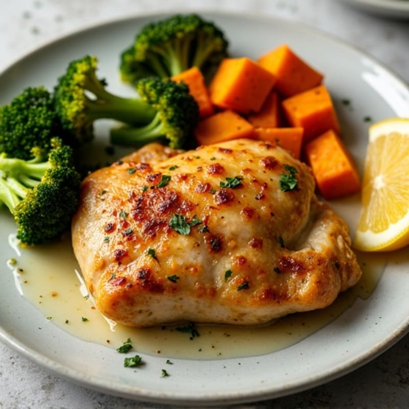 Sheet Pan Lemon Garlic Chicken Thighs and Crispy Broccoli with Roasted Sweet Potatoes