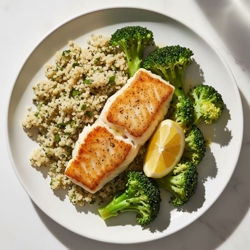 Seared Cod with Steamed Broccoli and Quinoa
