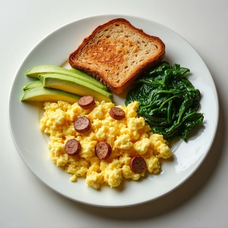 Egg White Scramble with Turkey Sausage and Sautéed Spinach
