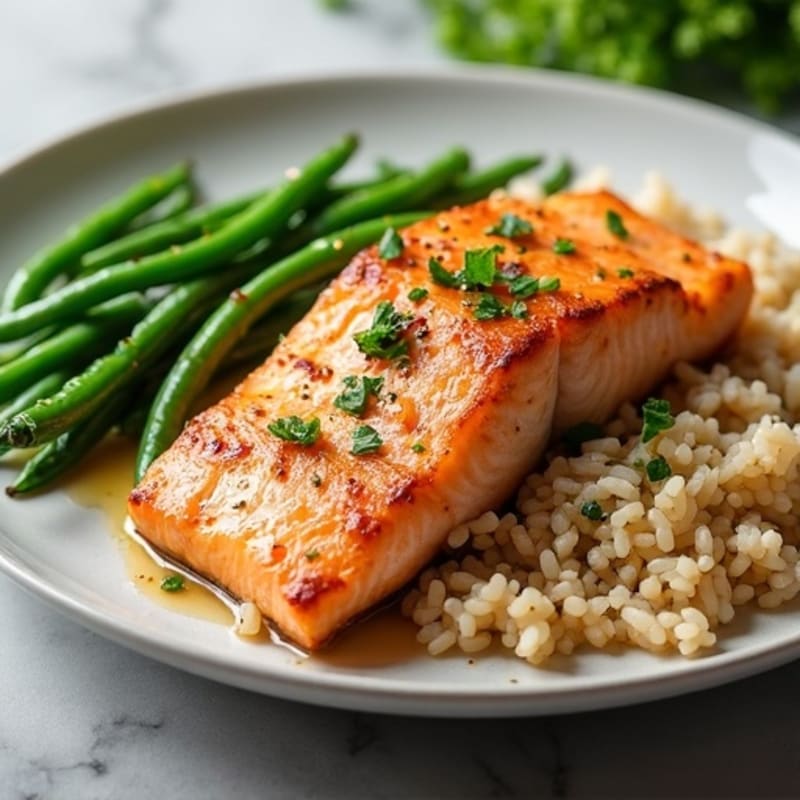 Seared Salmon Fillet with Garlic Green Beans and Brown Rice
