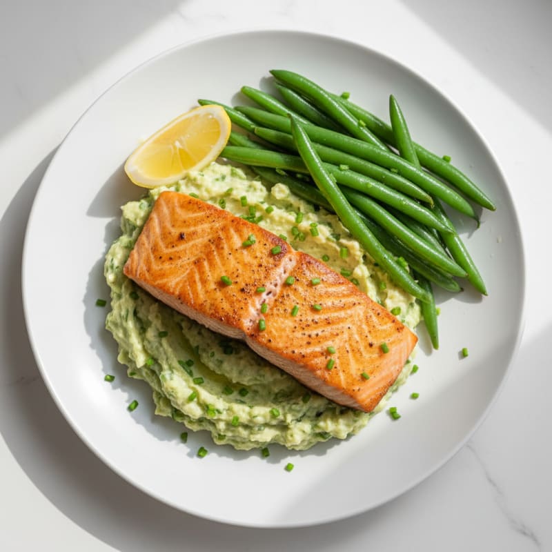 Seared Salmon Fillet with Steamed Green Beans and Herb-Cauliflower Mash