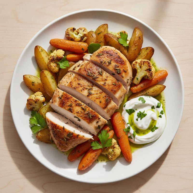 Herb-Roasted Chicken Breast with Crispy Potato and Carrot