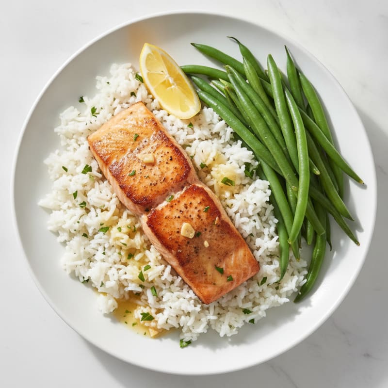 Seared Salmon Fillet with Steamed Green Beans and Garlic Herb Rice