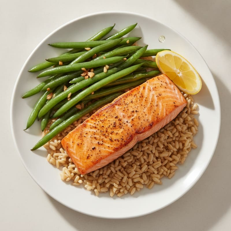Seared Salmon with Garlic Green Beans and Brown Rice