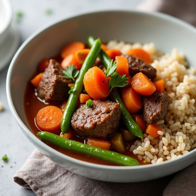 Slow-Cooked Beef and Vegetable Stew with Brown Rice