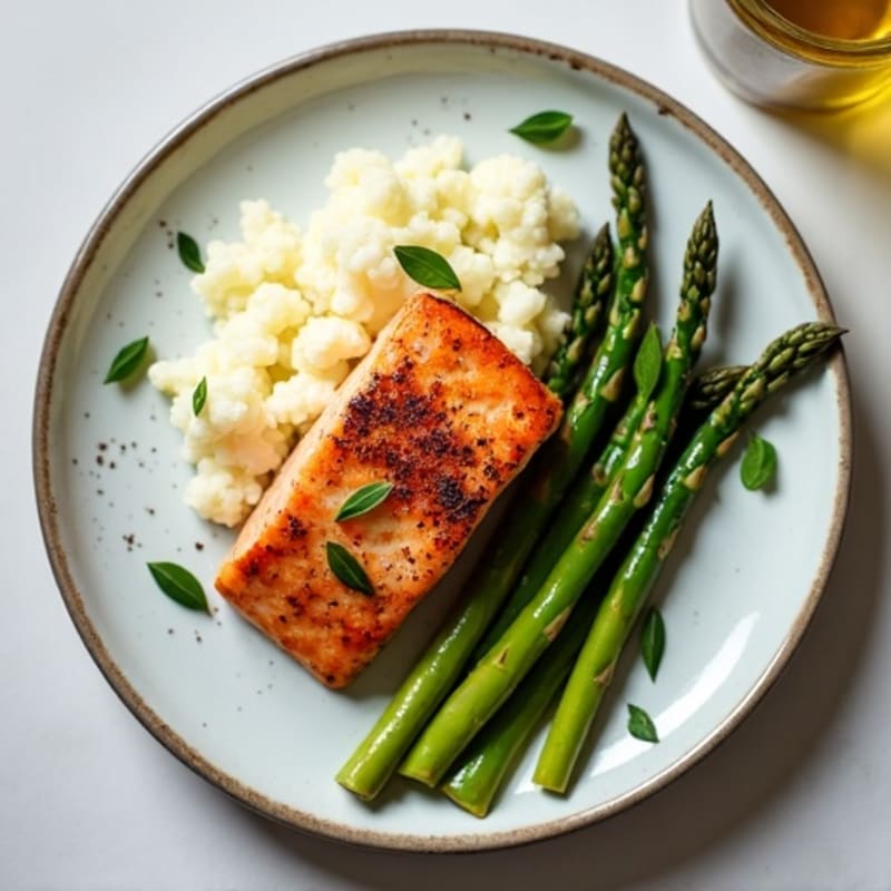 Seared Salmon Fillet with Roasted Asparagus and Cauliflower Mash