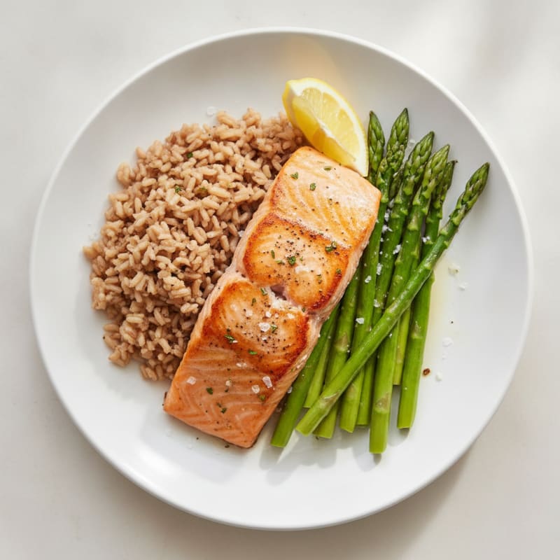 Seared Salmon with Steamed Asparagus and Brown Rice