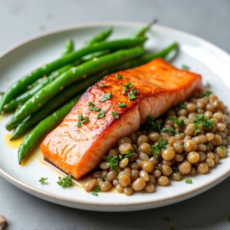 Seared Salmon with Creamy Garlic Lentils and Steamed Green Beans
