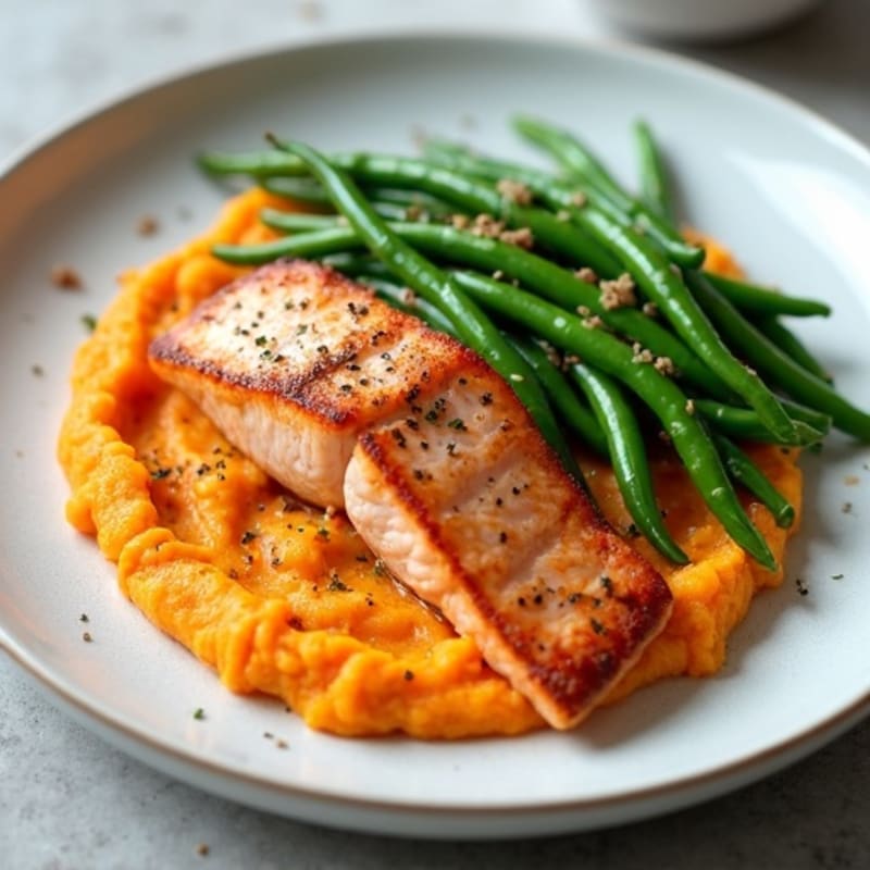 Seared Salmon with Steamed Green Beans and Sweet Potato Mash