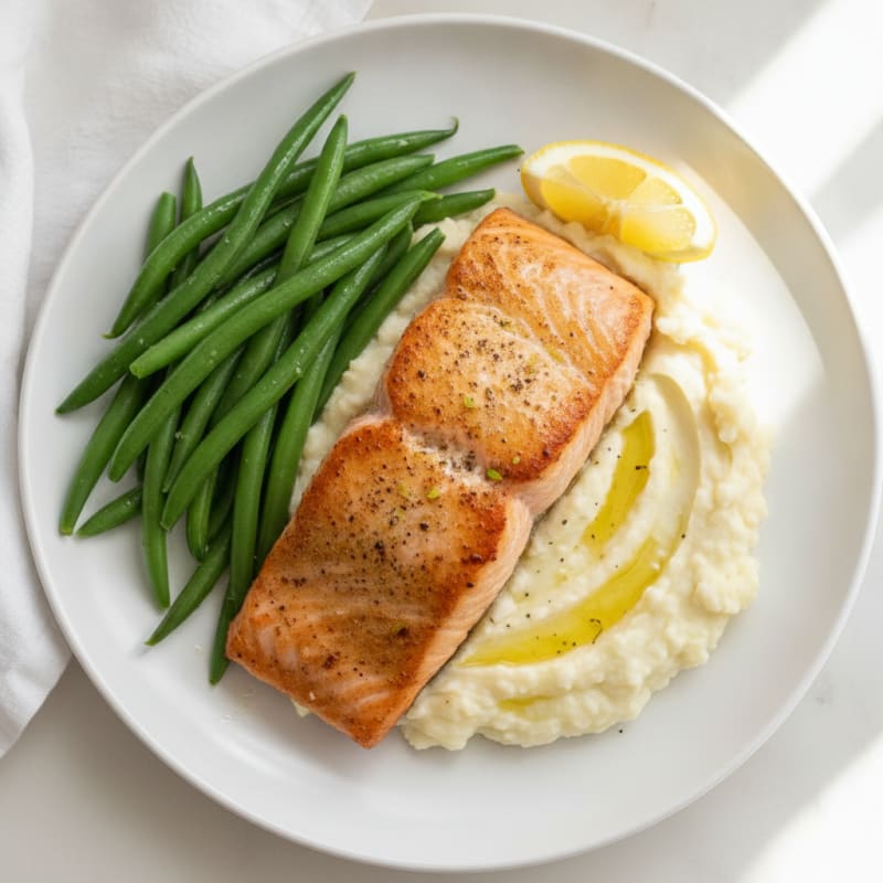 Seared Salmon with Steamed Green Beans and Garlic Mashed Cauliflower