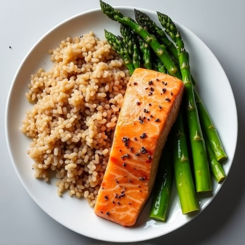 Seared Salmon with Steamed Asparagus and Brown Rice